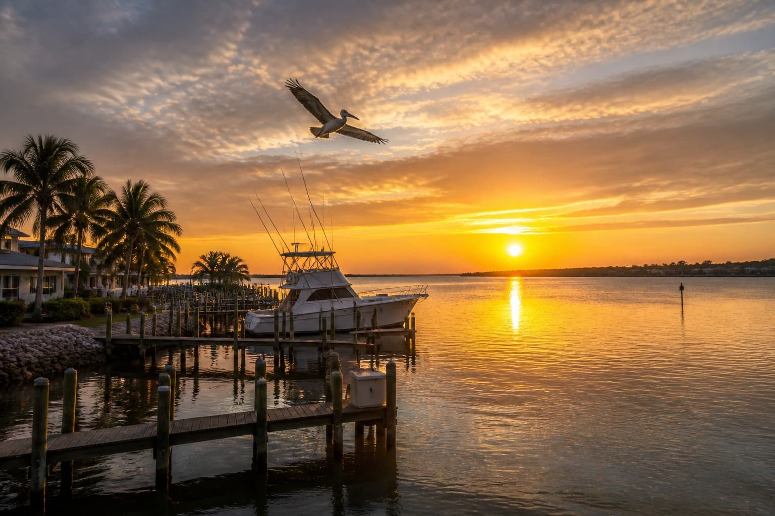 Golden-hour sunset over King’s Bay in Crystal River, Florida, with a wooden dock in the foreground.