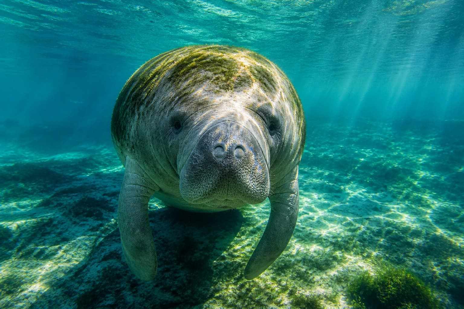 A Florida manatee swimming toward the camera in a clear Crystal River spring, with algae on its back.