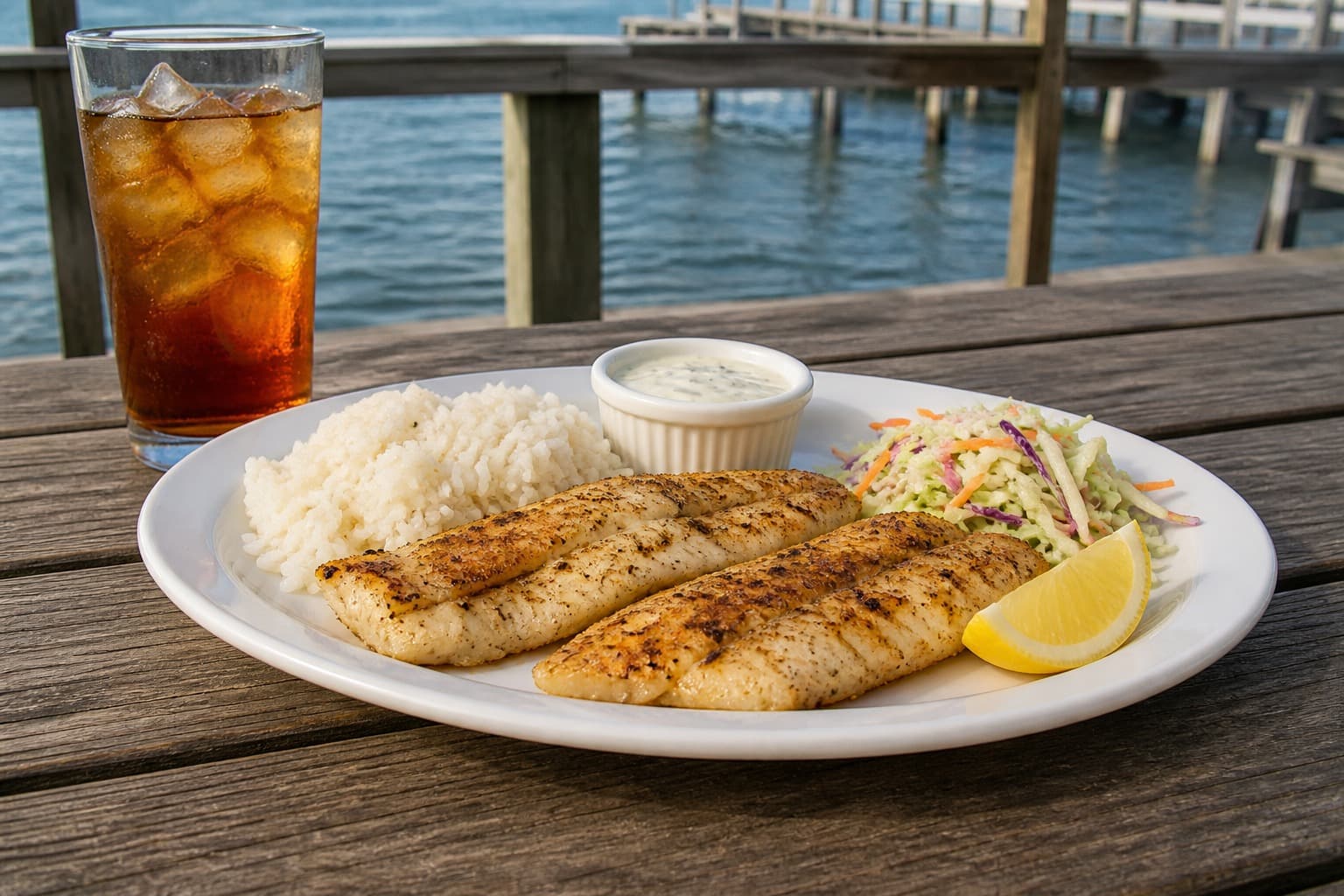 Whole grilled Gulf fish on a silver platter at an outdoor table on Florida’s Nature Coast.